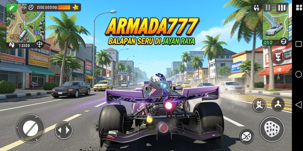Tampilan gameplay <strong>ARMADA777</strong> dengan mobil balap di trek yang menantang.