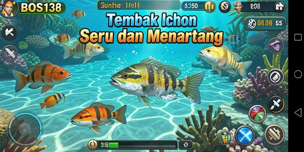 Tampilan gameplay seru dari BOS138 dengan ikan warna-warni.