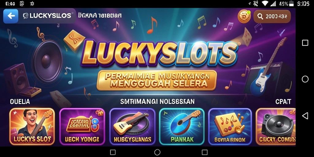 Screenshot LUCKYSLOTS menampilkan gameplay interaktif dengan musik yang menggugah semangat.