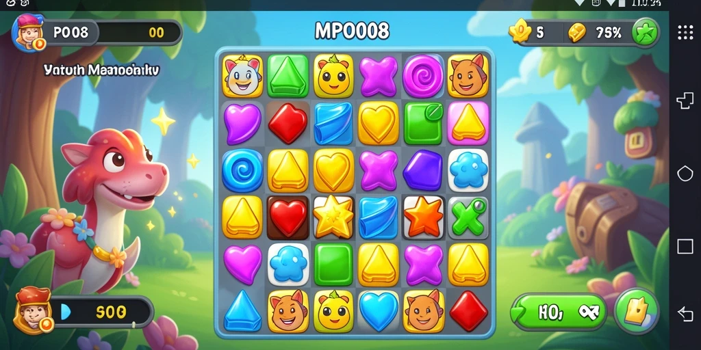 Tampilan gameplay seru MPO08 dengan aksi Match-3 menarik.