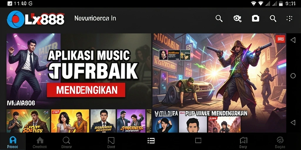 Screenshot utama OLX888 menampilkan antarmuka aplikasi musik yang interaktif dan menarik.