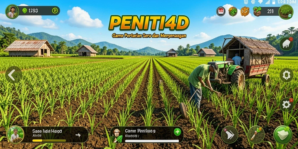 Tampilan screenshot permainan PENITI4D dengan berbagai aktivitas pertanian.