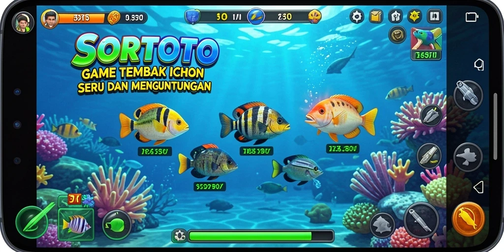 Tampilan gameplay SORTOTO menampilkan aksi tembak ikan yang seru dan menantang.
