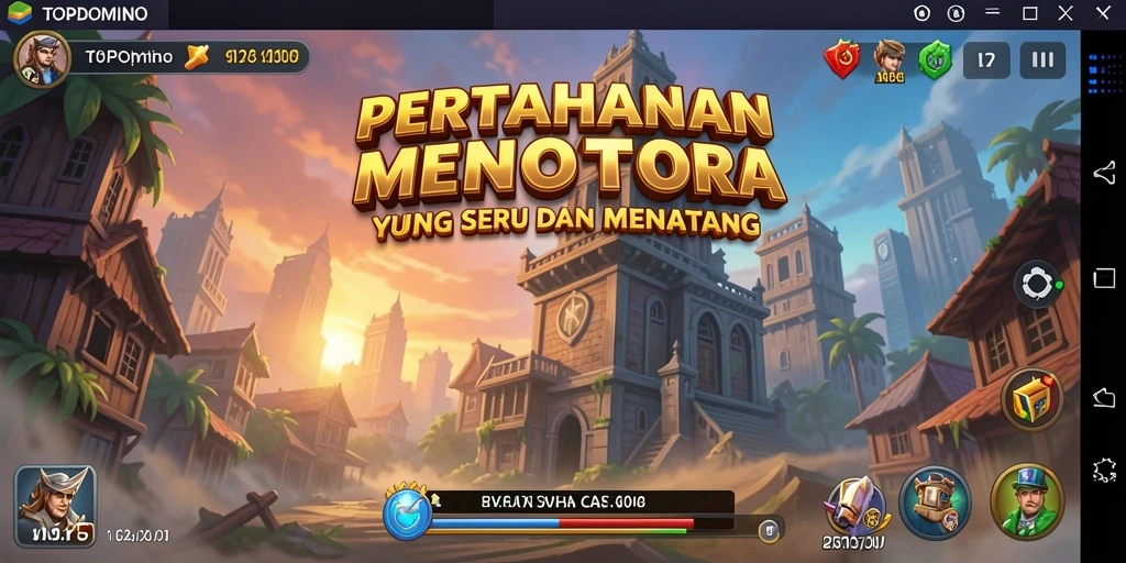 Tampilan utama gameplay <strong>TOPDOMINO</strong> menampilkan pertahanan menara yang strategis dan seru.